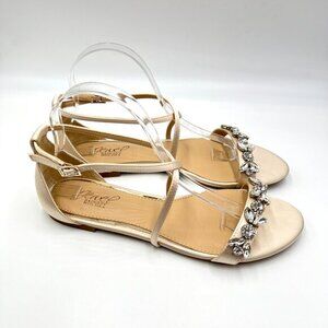 Jewel Badgley Mischka Size 8.5 Tessy Champagne‎ Satin Flats Dress Sandals Shoes